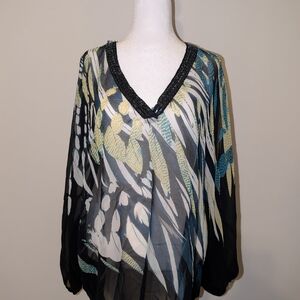 Lane Bryant Black and Green Patterned Blouse